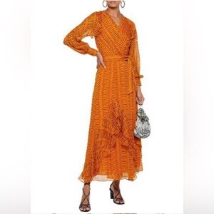 DVF Orange Mercy Ruffled Printed Silk-georgette Maxi Wrap Dress sz M